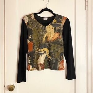 Y2k 2000s slinky mesh geisha graphic print club top